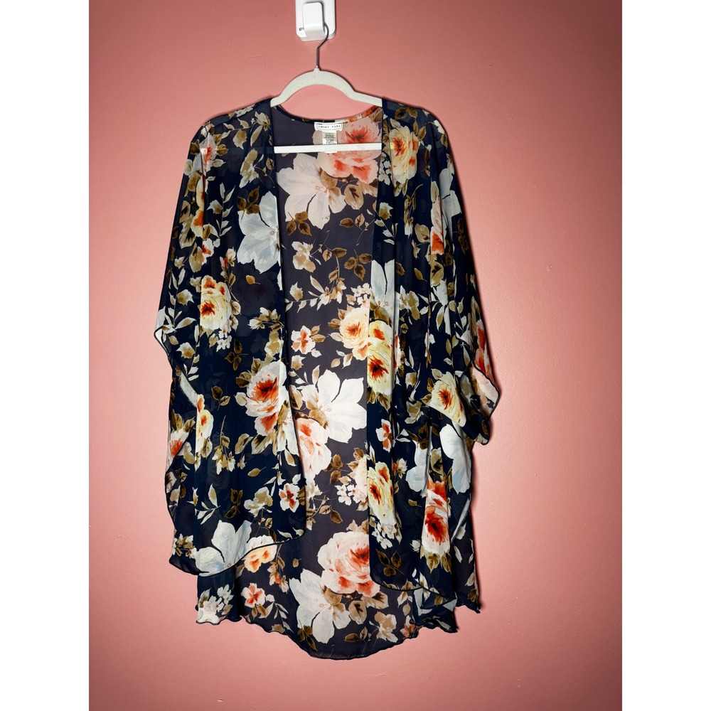 Emory Park Womens 2XL Navy Blue Floral Sheer Chiffon Kimono Cardigan